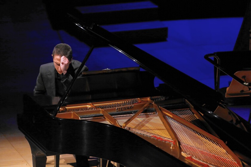 Nic Gerpe plays piano in a tribute to the late Steven Stucky at Disney Hall on April 20, 2016