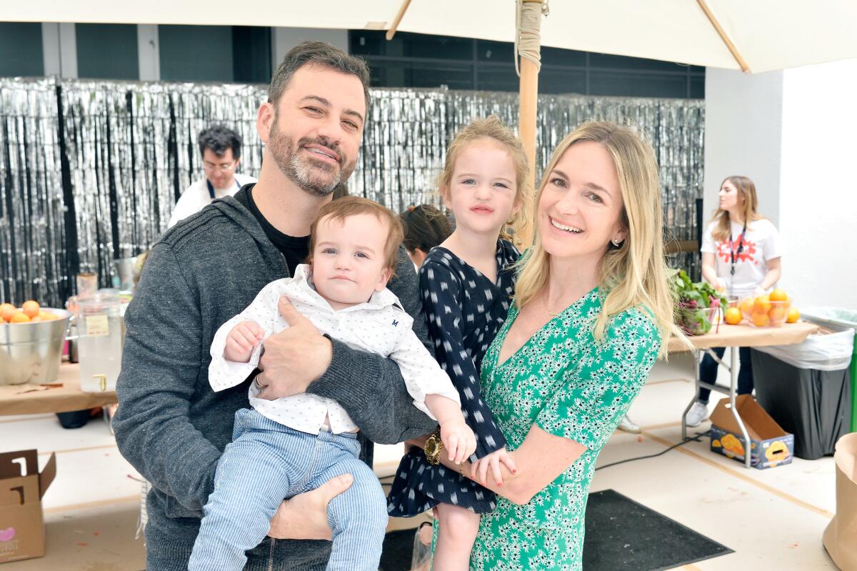 Jimmy Kimmel, left, Billy Kimmel, Jane Kimmel and Molly McNearney attend the annual Hammer Museum K.A.M.P. (Kids' Art Museum Project) at the Hammer Museum in Los Angeles on Sunday.