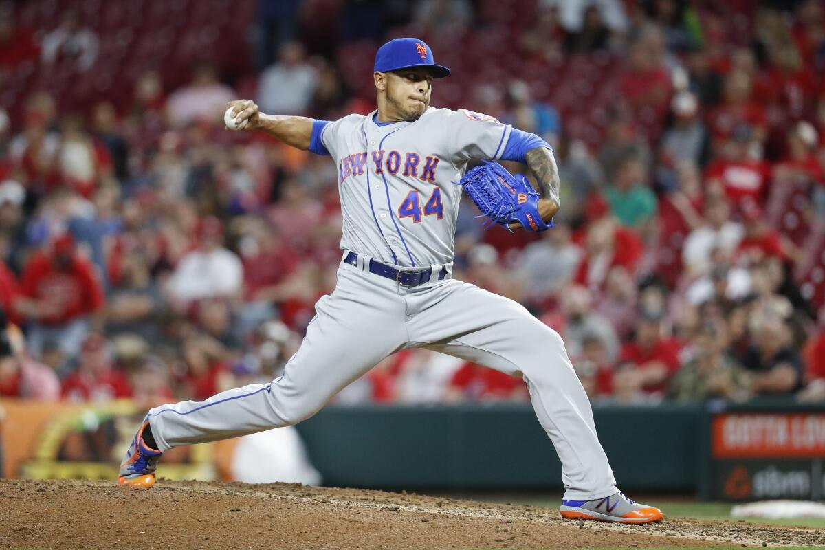 New York Mets relief pitcher AJ Ramos throws in the sixth inning against the Cincinnati Reds on May 8, 2018, in Cincinnati.