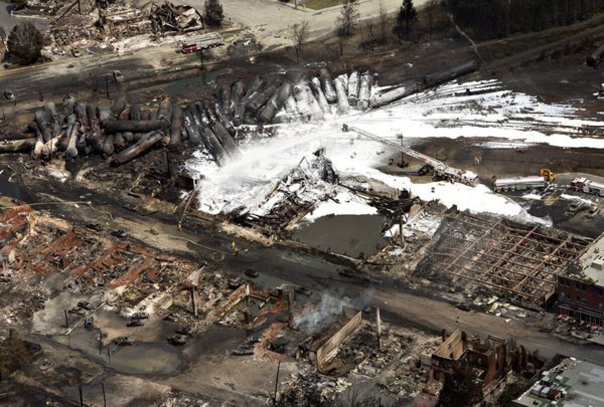 The downtown core of Lac Megantic, in the Canadian province of Quebec, lies in ruin after a runaway train of crude oil tankers derailed and exploded Saturday. The disaster, the deadliest rail accident in Canada in more than a century, has intensified the debate over whether rail or pipeline transport of oil is safer.