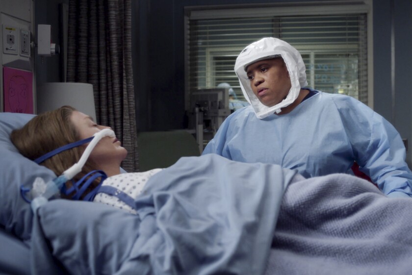 Chandra Wilson, right, appears with Ellen Pompeo in a scene from "Grey's Anatomy." Season 17 airs Thursdays on ABC. (ABC via AP)