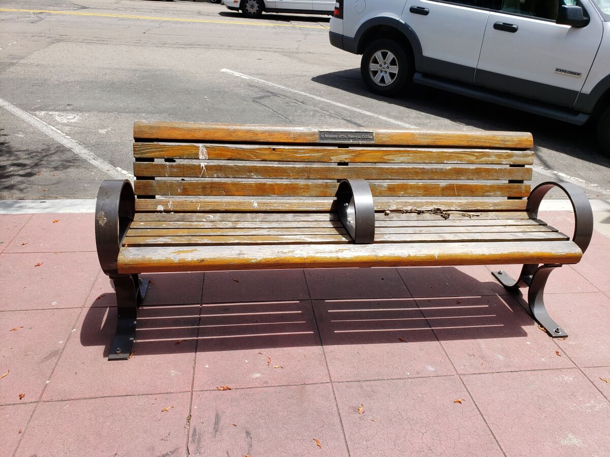 Wood benches in The Village, such as this one, will be refurbished starting in late June, according to La Jolla MAD.