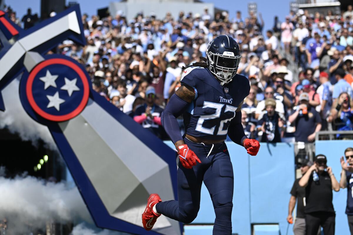 Tennessee Titans running back Derrick Henry is introduced before a game.