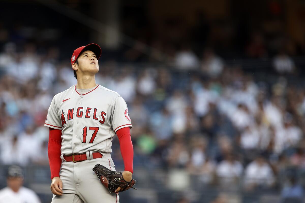 Angels pitcher Shohei Ohtani reacts during the first inning of Wednesday's game.