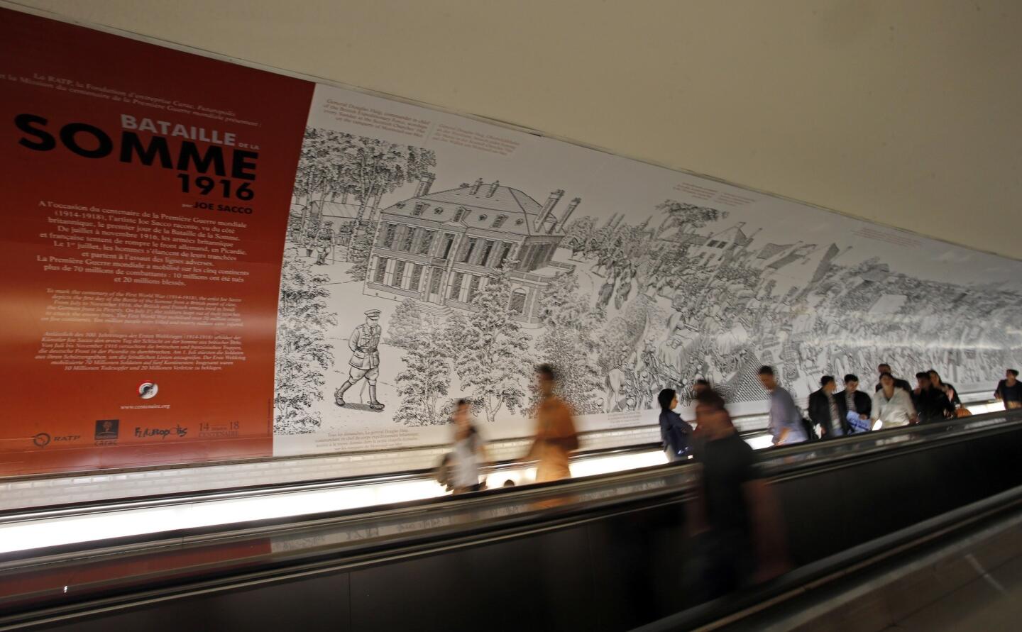 Joe Sacco's massive cartoon mural "The Great War," which depicts the first day of the World War I 1916 Battle of the Somme, stretches along the wall of the Montparnasse Metro station in Paris.