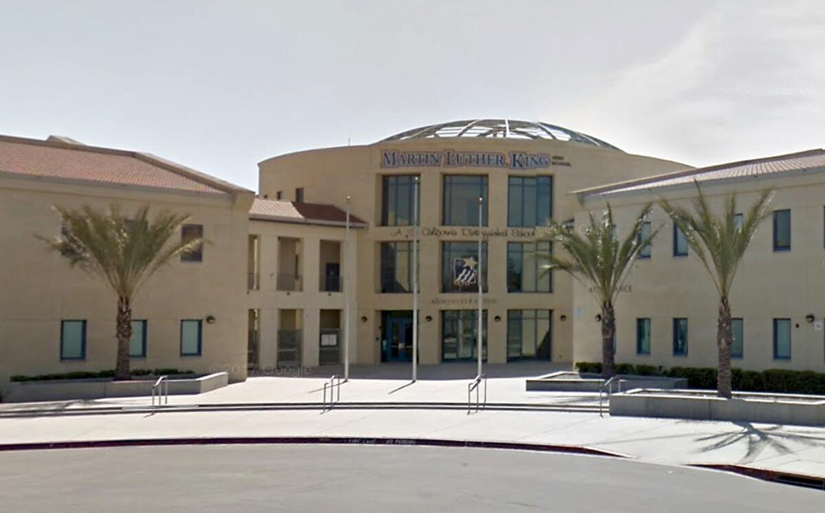 Google street view of the exterior of Martin Luther King High School in Riverside.