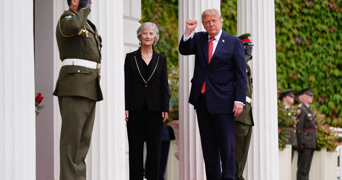 Photo: latimes.com Ireland's President Catherine Connolly, center left, greets U.S. President Donald Trump, center right, during a meeting at