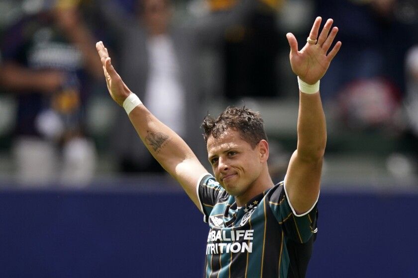 LA Galaxy forward Javier Hernandez celebrates after scoring during the second half of a Major League Soccer match against Austin FC Saturday, May 15, 2021, in Carson, Calif. The Galaxy won 2-0. (AP Photo/Mark J. Terrill)