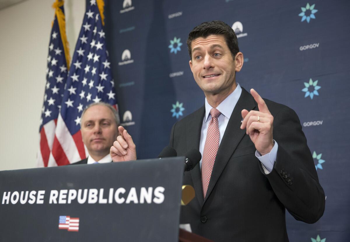 House Speaker Paul Ryan, right, shown with House Majority Whip Steve Scalise, faces pressure from Republicans in Congress -- and on the presidential campaign trail -- to stop the program that expects to resettle at least 10,000 Syrian refugees this fiscal year.