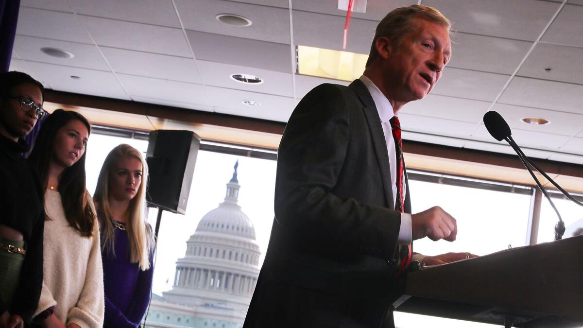 Hedge fund billionaire, Democratic mega-donor and environmentalist Tom Steyer holds a news conference regarding his political future and plans Jan. 8 in Washington.