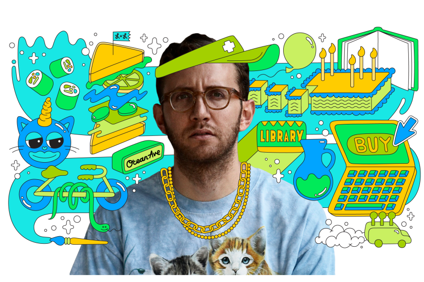 Photo of man surrounded by illustrations like a cat, computer and cake, in colors like greens, blues and yellows.