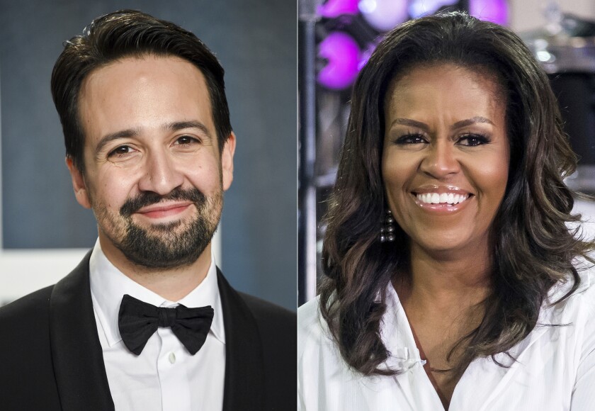 Lin-Manuel Miranda arrives at the Vanity Fair Oscar Party in Beverly Hills, Calif. on Feb. 9, 2020, left, and Michelle Obama participates in the International Day of the Girl on NBC's "Today" show in New York on Oct. 11, 2018. Miranda and Obama will join other celebrities in “Roll Up Your Sleeves,” a vaccine initiative airing at 7 p.m. EDT Sunday on NBC,(AP Photo)
