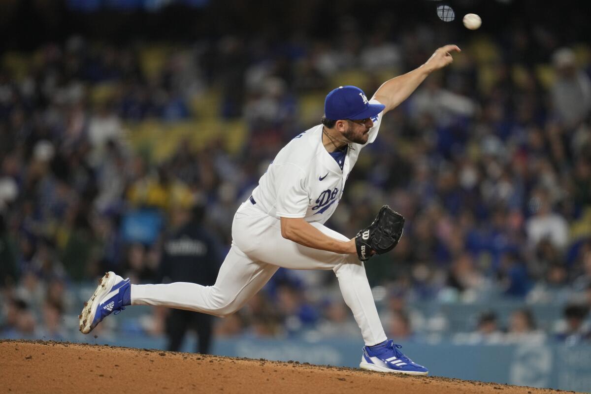 Dodgers pitcher Alex Vesia throws during the sixth inning against the Washington Nationals at Dodger Stadium.