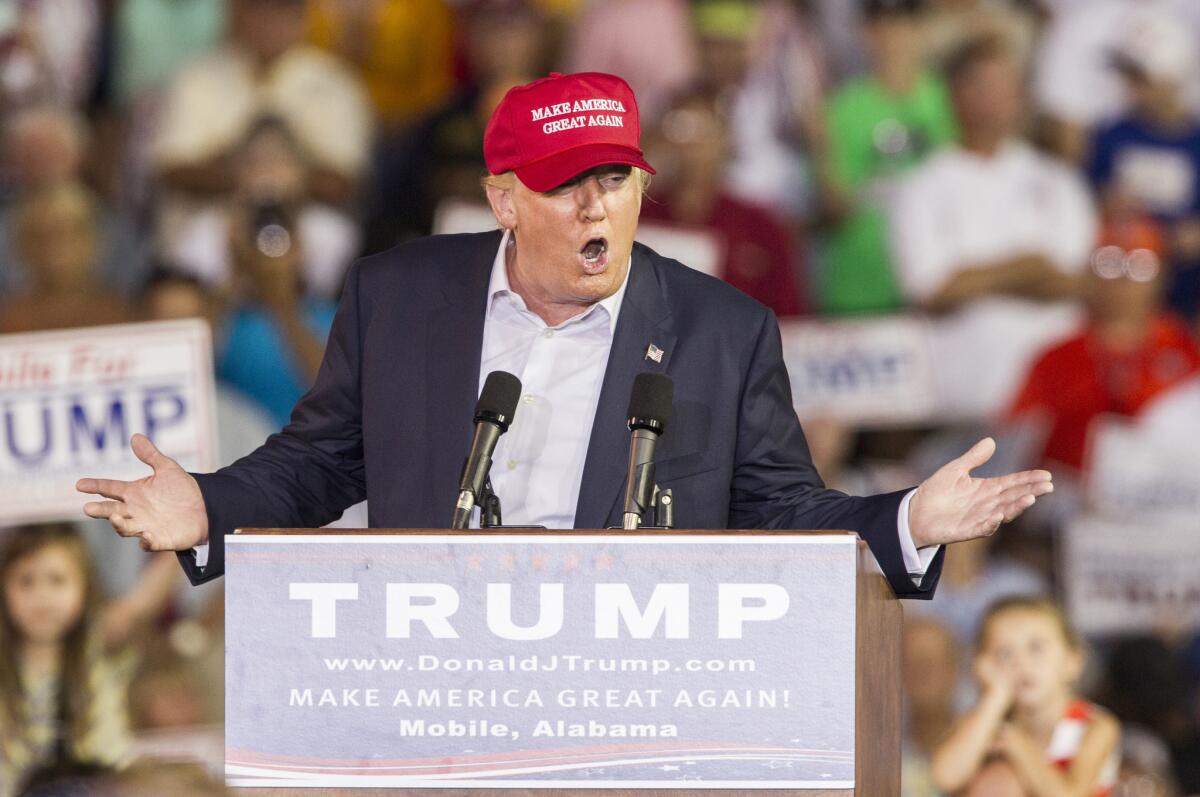 Republican presidential candidate Donald Trump at a rally at the University of South Alabama's stadium.