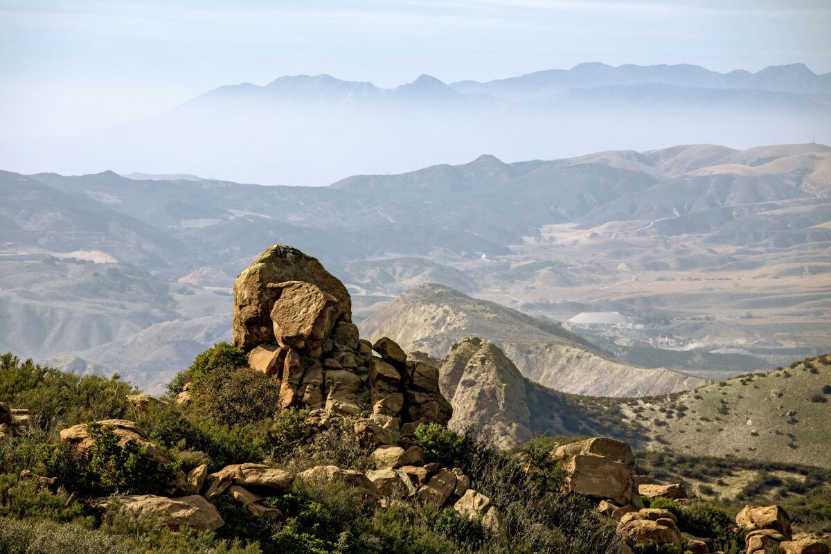 Rock formations along Rocky Peak Road looking west toward the hills and Marr Ranch Open Space.