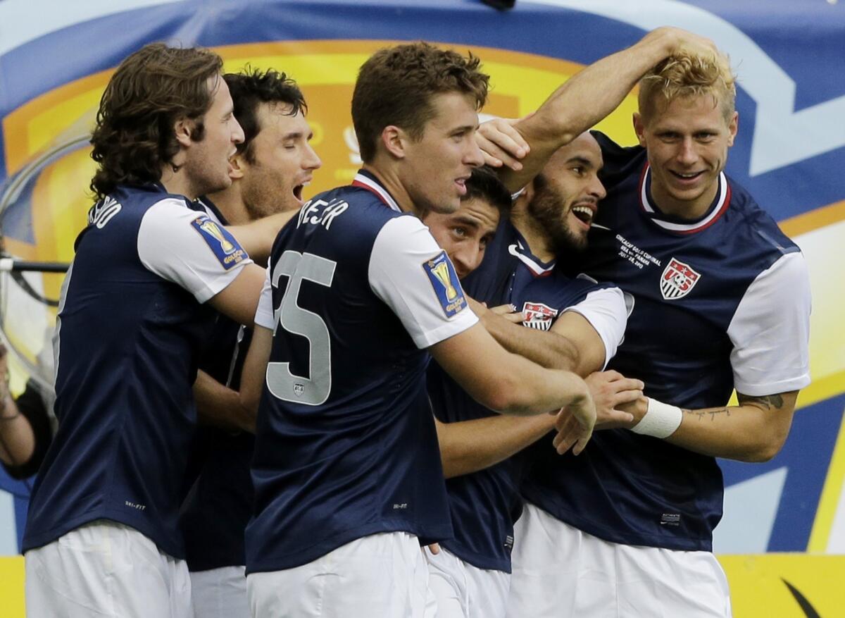Brek Shea, far right, celebrates with his teammates after scoring a second-half goal during the U.S. national team's 1-0 victory over Panama in the CONCACAF Gold Cup final on Sunday.