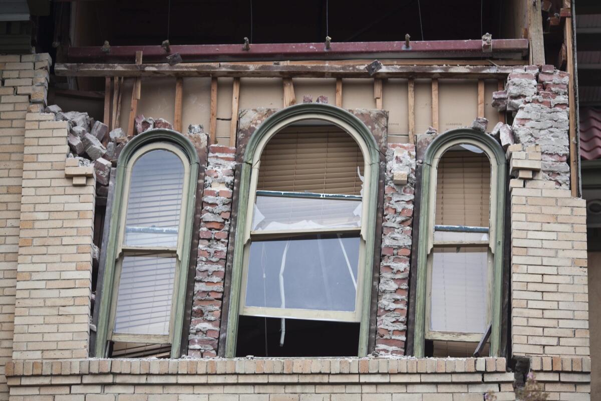 A building in Napa shows quake damage on Aug. 24.