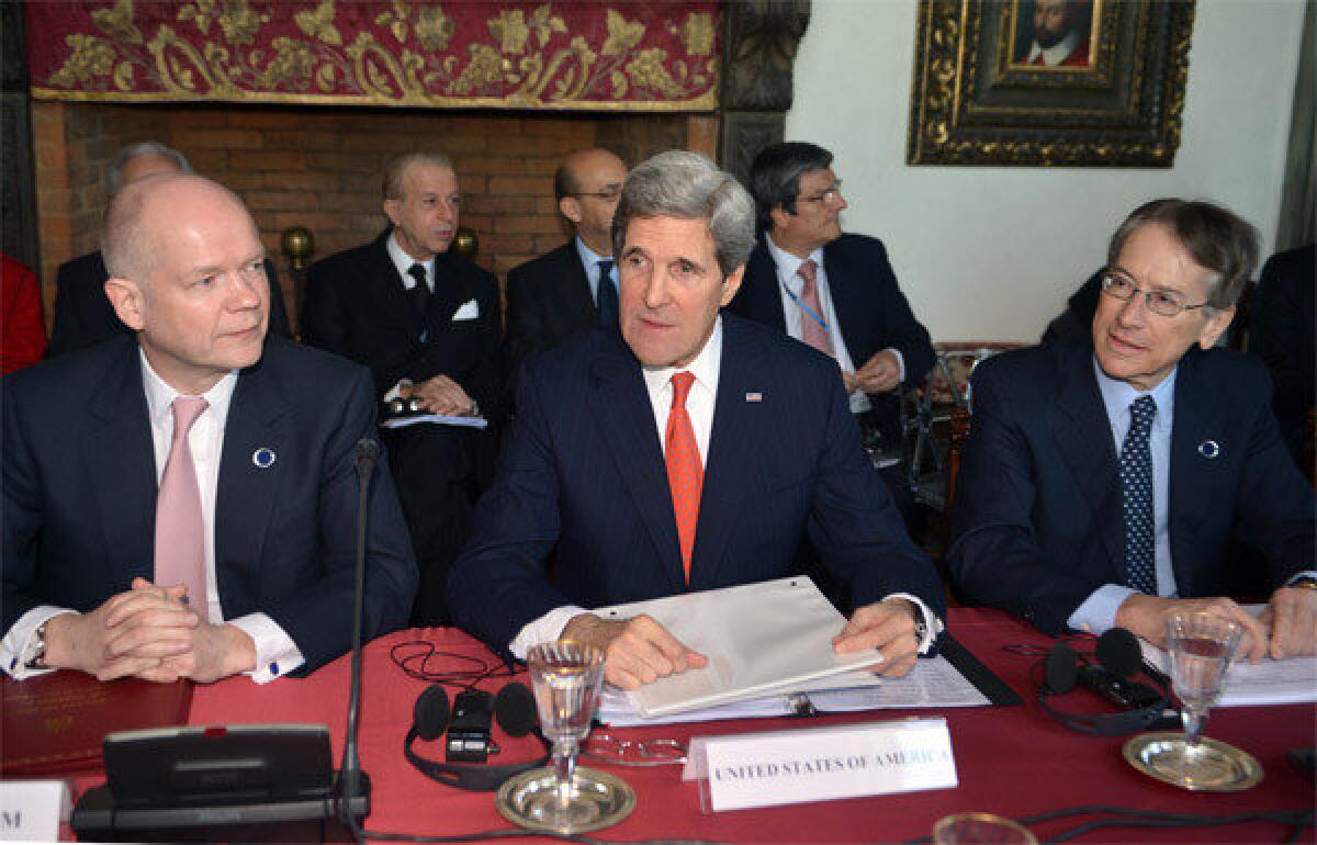 Secretary of State John Kerry, center, British Foreign Secretary William Hague, left, and Italy's Foreign Minister Giulio Terzi meet with the "Friends of the Syrian People Ministerial" group.