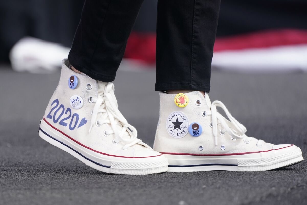 Converse high-top sneakers worn by Vice President-elect Kamala Harris at a campaign event in October