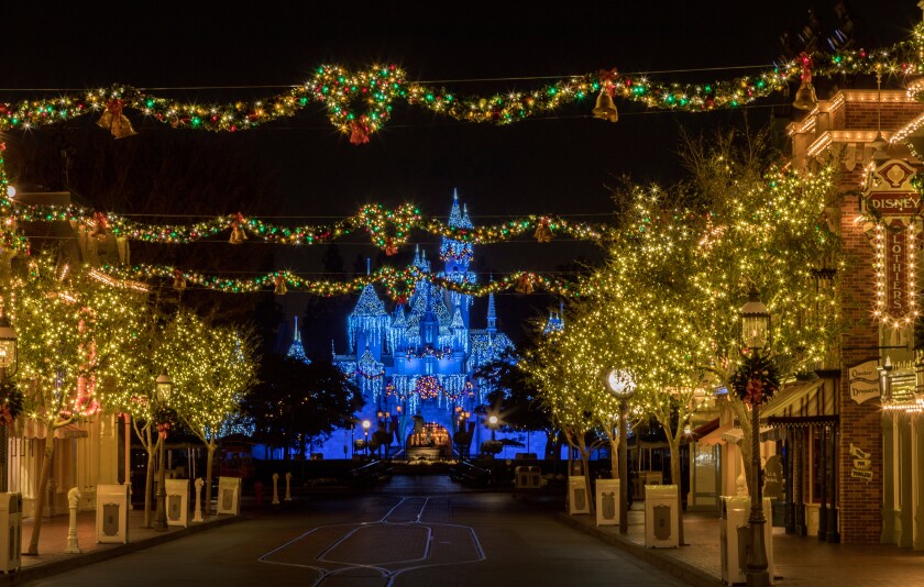 Disneyland, decorated for the holiday season.