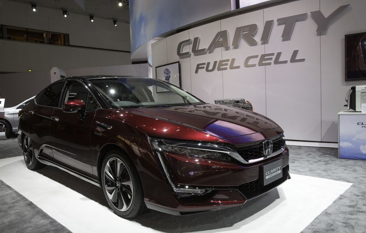 The Honda Clarity fuel cell vehicle, seen here at the 2015 Los Angeles Auto Show, is being priced to compete with Toyota's fuel cell Mirai vehicle.