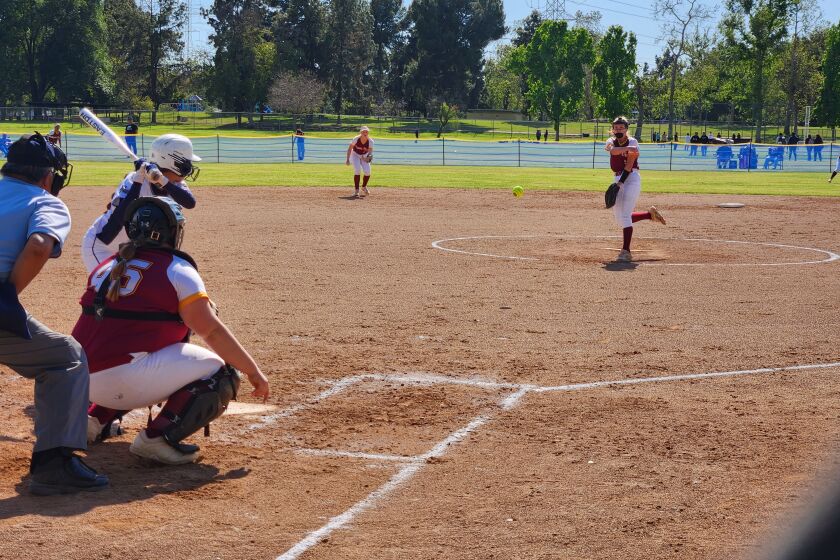Ocean View's Kaitlyn Knobbe throws a pitch against South El Monte in the first round of the CIF Southern Section Division 5 softball playoffs on Friday.