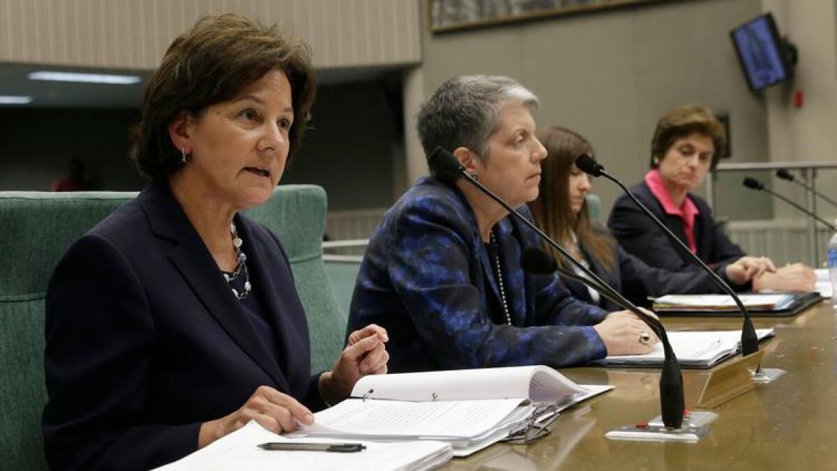 Monica Lozano, left, then-chairwoman of the University of California Board of Regents, discusses the UC audit.