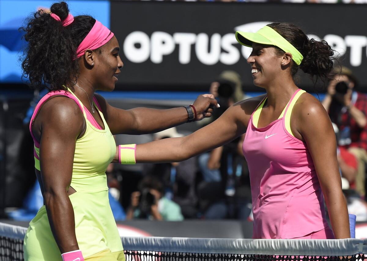 Serena Williams and Madison Keys meet at center court after Williams' 7-6 (5), 6-2 victory. Williams advanced to the final of the Australian Open where she'll face Maria Sharapova.