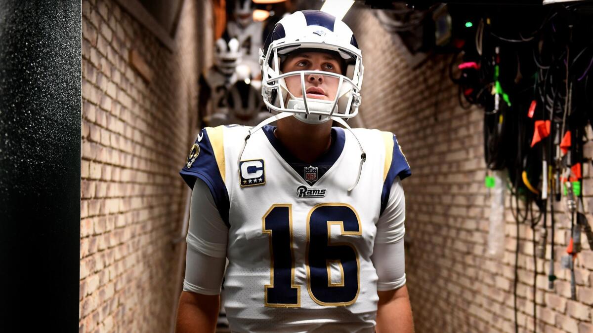 Rams quarterback Jared Goff walks through the tunnel at the Oakland Coliseum.