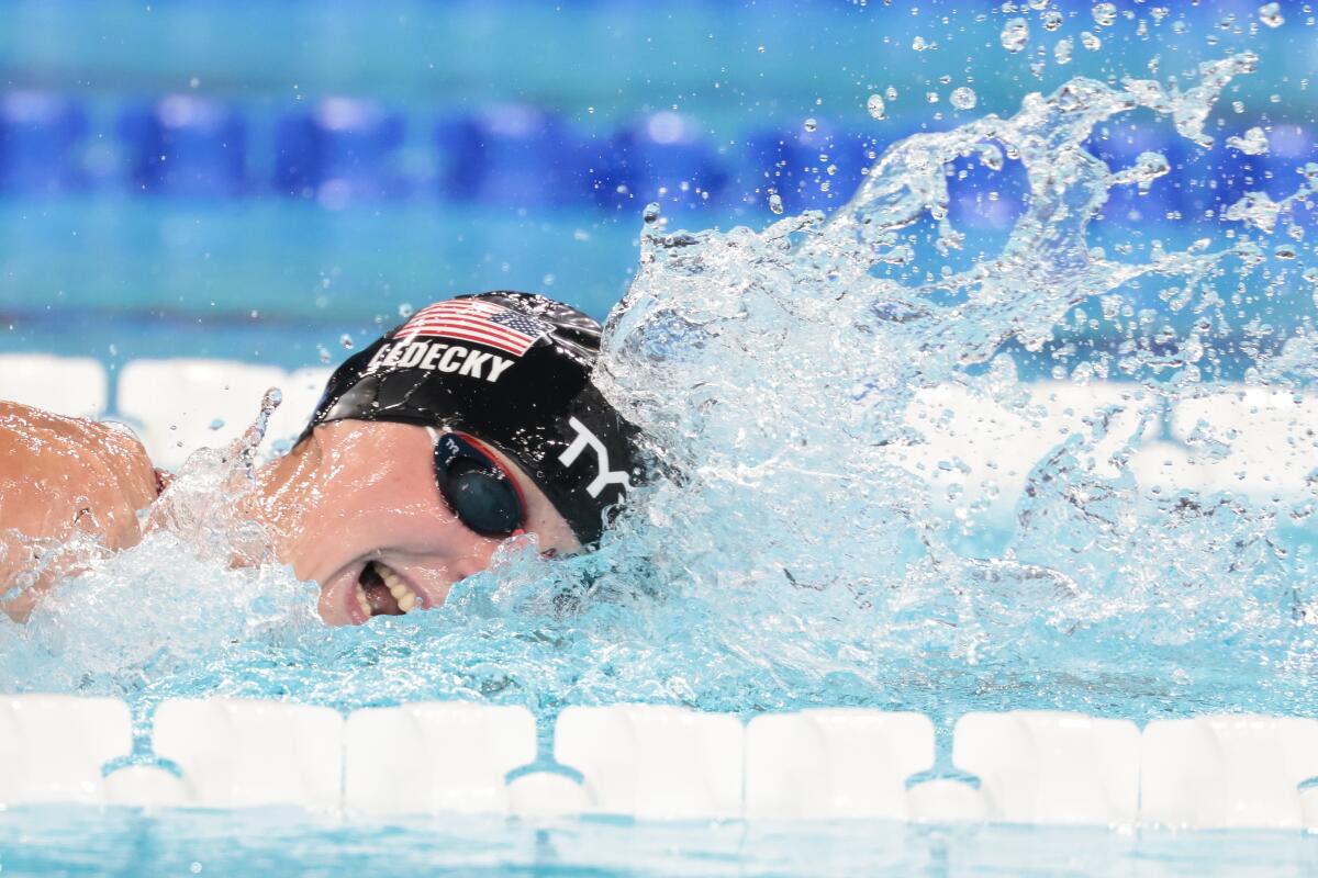 Katie Ledecky competes in the women's 1,500-meter freestyle Wednesday.