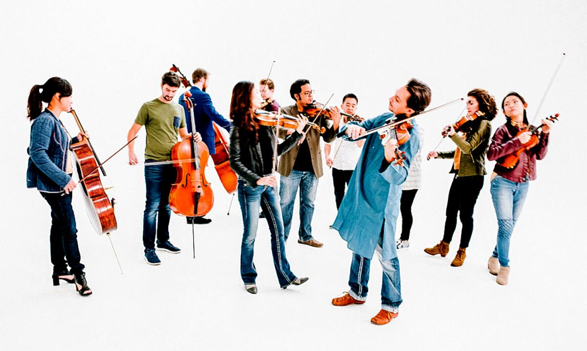 String musicians playing their instruments in front of a white backdrop