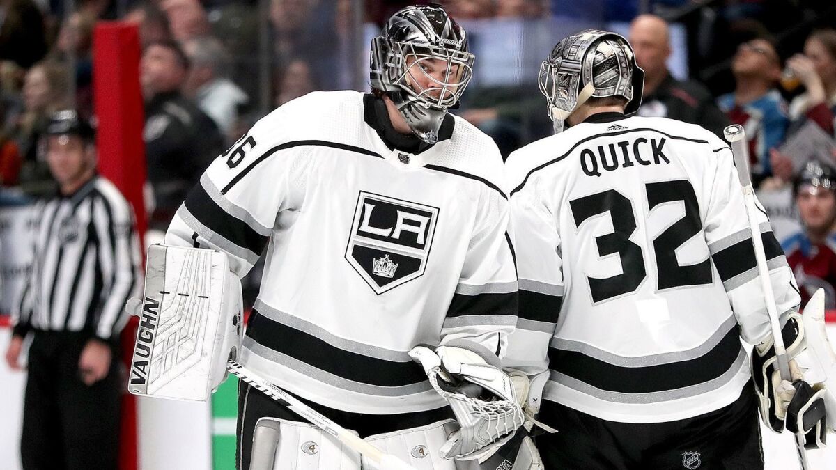 Kings goaltender Jack Campbell replaces Jonathan Quick (32) in net against the Colorado Avalanche in the second period in Denver on Saturday. The Avalanche won, 7-1.
