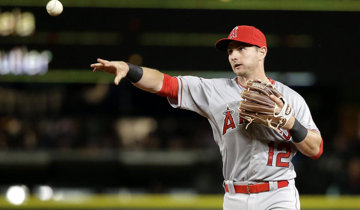 Angels second baseman Johnny Giavotella in action during the Angels' 5-3 win over the Seattle Mariners on Tuesday.