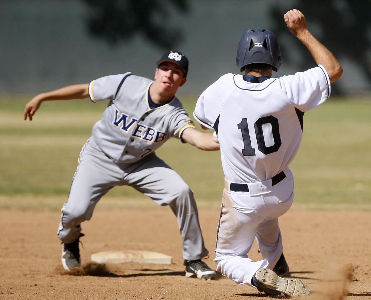 Flintridge Prep's #10 Clayton Weirick gets caught stealing second base by #2 Josh Hartman during game vs. Webb High at Glendale Sports Complex in Glendale on Thursday, April 18, 2013.