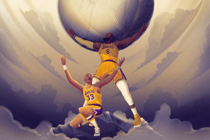 An illustration of Kareem Abdul-Jabbar and LeBron James.