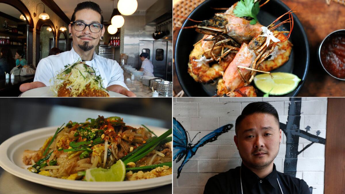 Top, from left, chef Syndey C. Hunter III and a dish from Sambar; bottom, from left, noodles from Pok Pok Phat Thai and chef Tin Vuong.