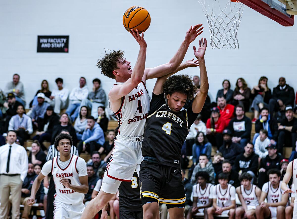 Nikolas Khamenia of Harvard-Westlake goes up over Crespi's Kingston Smith.