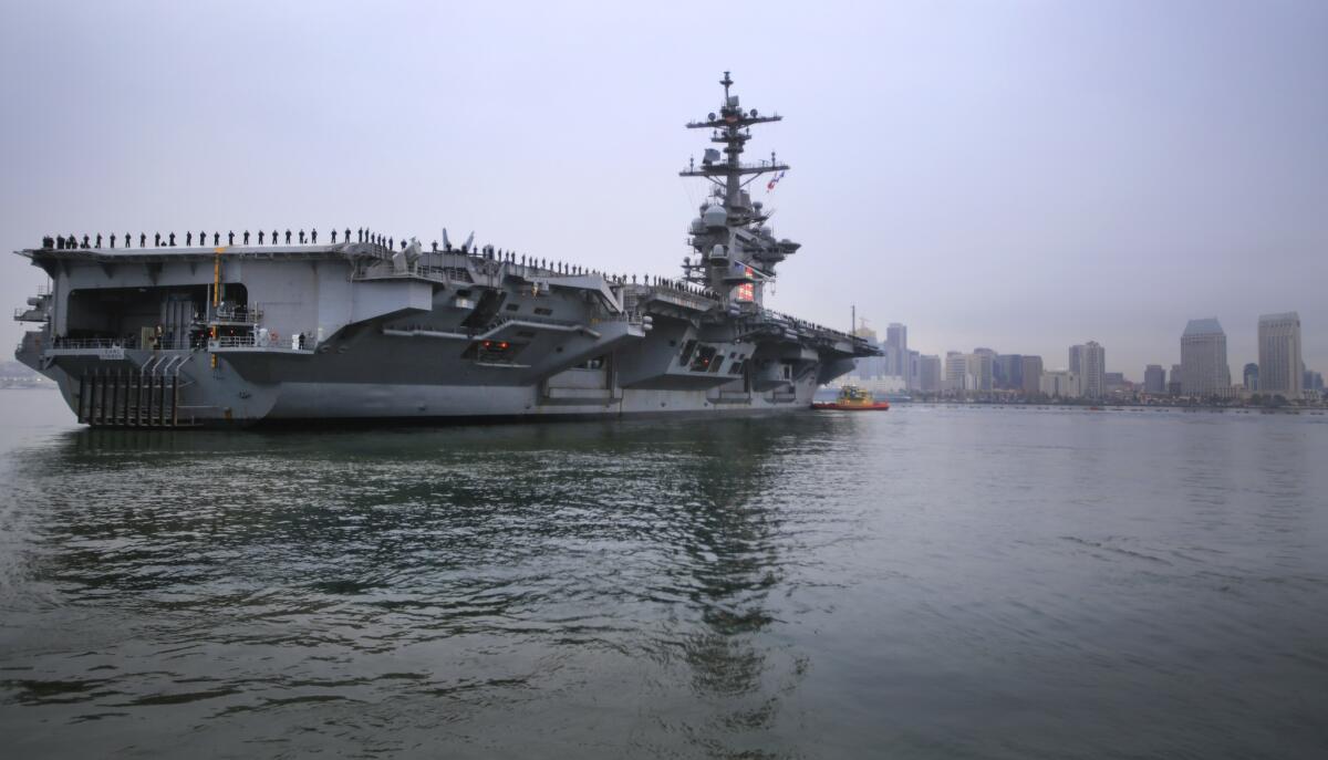The aircraft carrier USS Carl Vinson, leaves Naval Air Station North Island. The ship left San Diego in January 2019 and is in the Bremerton, Wa. shipyards through the summer. It's due to switch its home port back to San Diego this year.