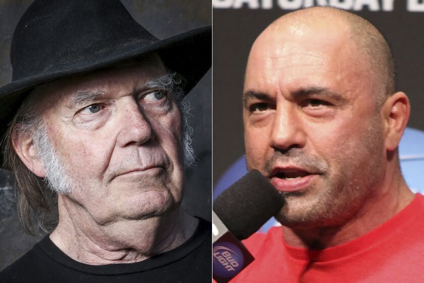 Neil Young in Calabasas, Calif., left, and UFC announcer and podcaster Joe Rogan.