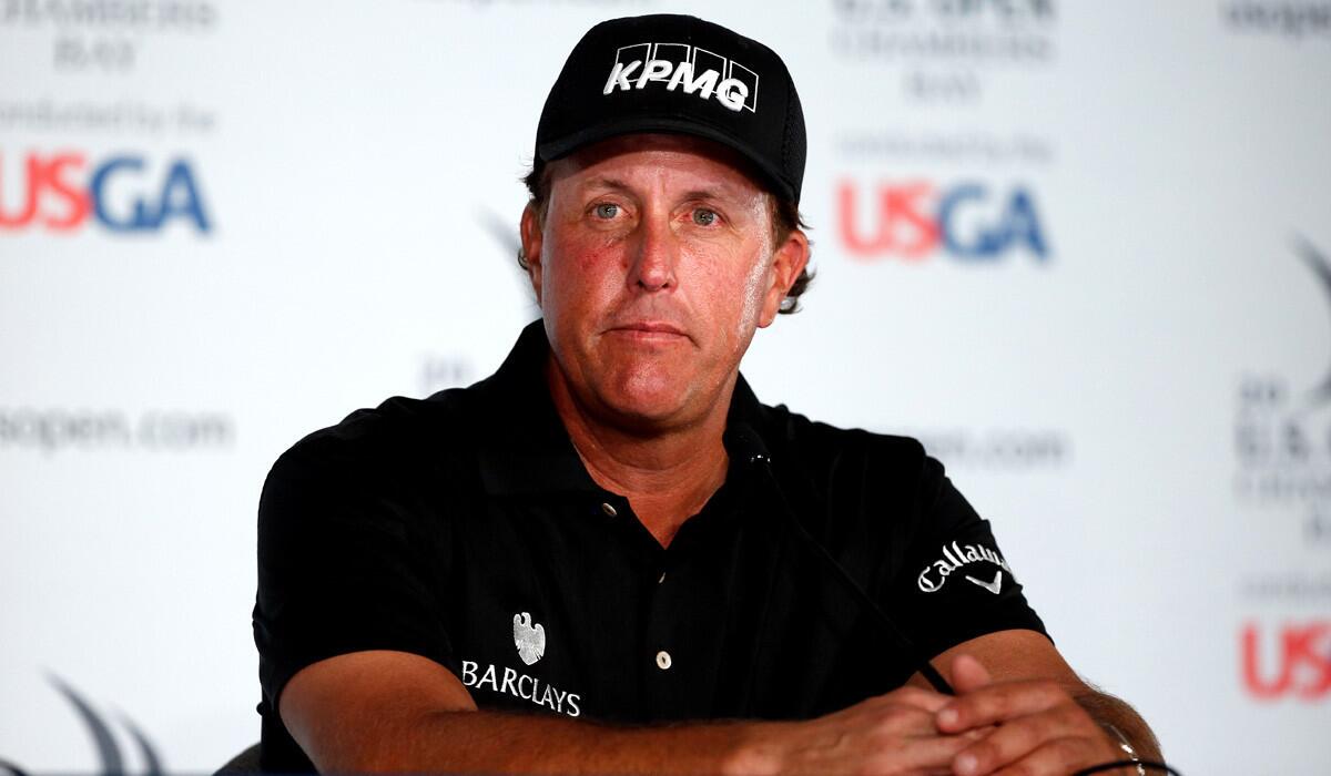 Phil Mickelson speaks to the media following a practice round prior to the start of the 115th U.S. Open Championship at Chambers Bay on Tuesday.