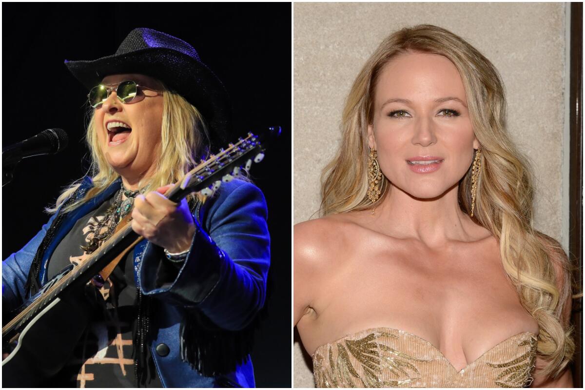 Split: left, Melissa Etheridge wears a blue blazer and black shirt while playing guitar; right, Jewel wears a gold dress