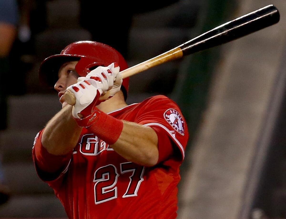 Mike Trout, shown during a home game against Minnesota on Tuesday, hit a home run estimated at 489 feet Friday in Kansas City, which would be a Kauffman Stadium and Angels franchise record.