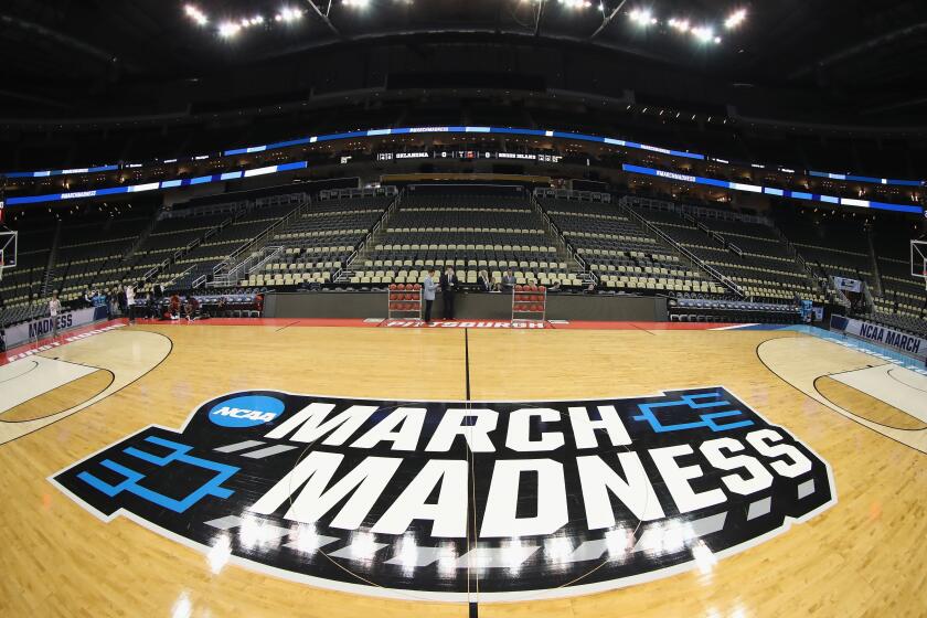 PITTSBURGH, PA - MARCH 15: A general view of the court with March Madness signage is seen prior to the start of the game between the Oklahoma Sooners and the Rhode Island Rams in the first round of the 2018 NCAA Men's Basketball Tournament at PPG PAINTS Arena on March 15, 2018 in Pittsburgh, Pennsylvania. (Photo by Rob Carr/Getty Images)