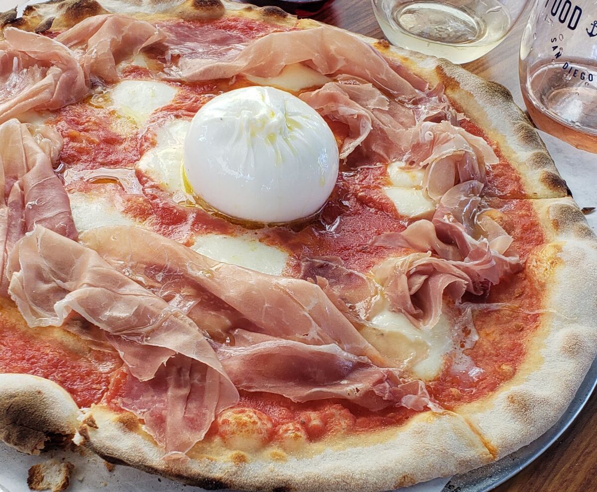 With its super-thin, crispy crust and superior-quality ingredients, Ambrogio15 turns out pie perfection like this burrata and prosciutto crudo pizza, with San Marzano tomatoes, mozzarella fior di latte, burrata imported from Puglia, and 20-month-old prosciutto di Parma. It was my No. 1 Top Bite of 2018, and it helps propel Ambrogio15 to the No. 1 on our Top 10 pizzas in San Diego.