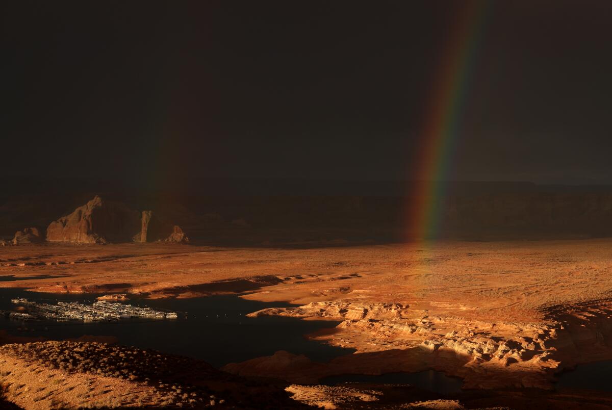 A rainbow hangs over Lake Powell.