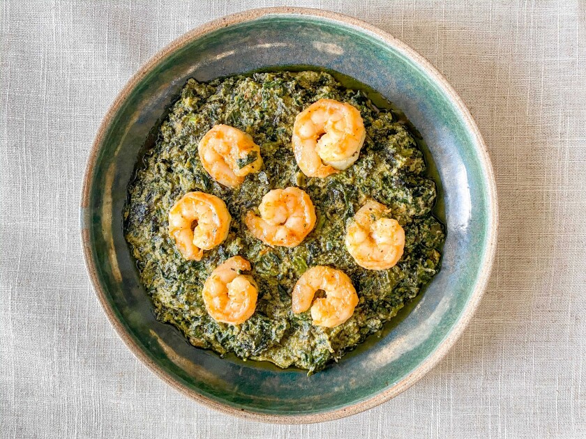 Ndole, a Cameroonian dish of bitter leaf and peanuts and served with shrimp, from Mama D's African Kitchen in Boyle Heights.