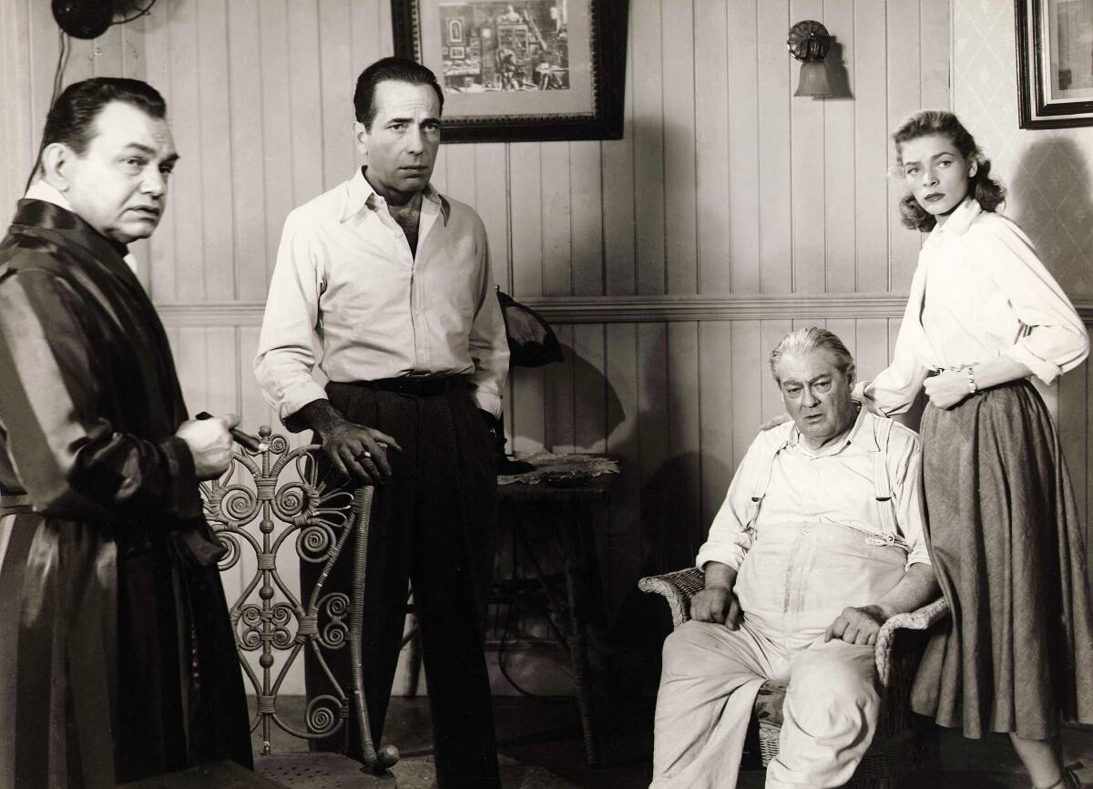 Edward G. Robinson, Humphrey Bogart, Lionel Barrymore and Lauren Bacall in "Key Largo."