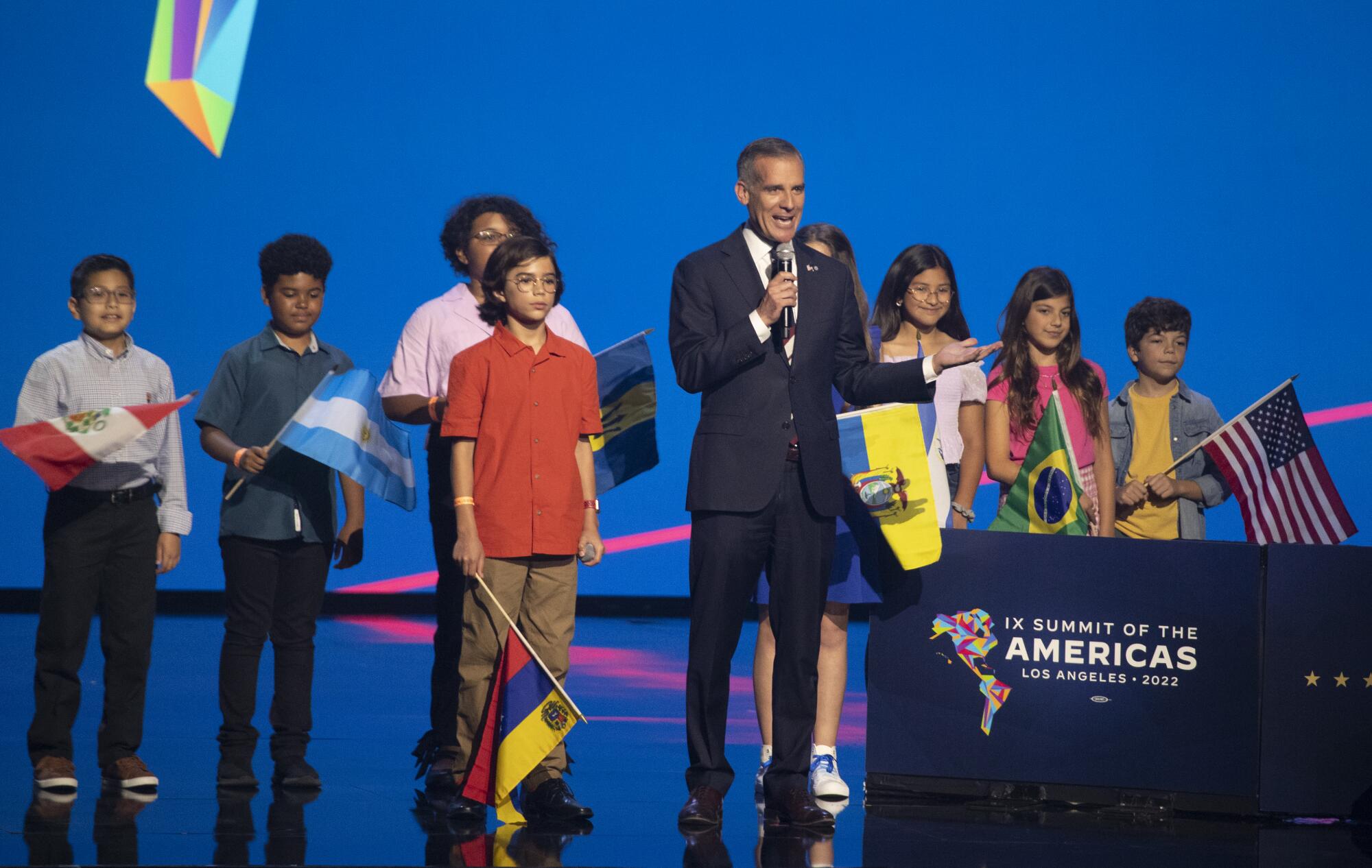 Mayor Eric Garcetti during the Inaugural Ceremony of the the Summit of the Americas at the Microsoft Theater