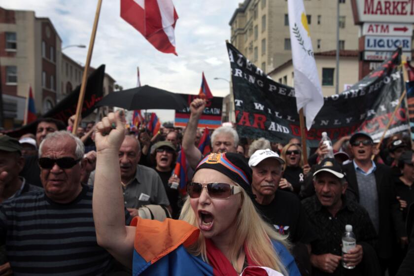 Thousands march in Los Angeles' Little Armenia on April 24, 2012, to mark the Armenian genocide of 1915.