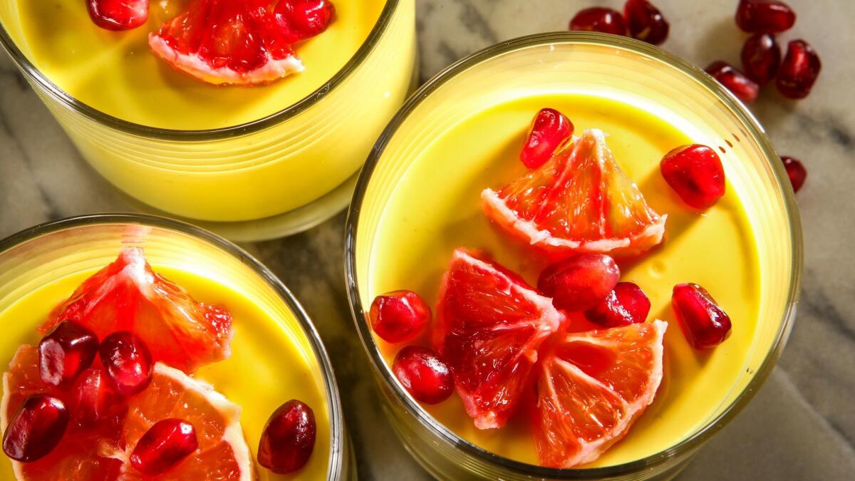 Turmeric panna cotta with pomegranate and orange.